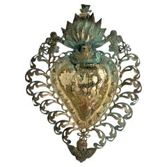 Beautiful Silver Sacred Heart Ex Voto with Cherub Angel, Antique European, 1880s