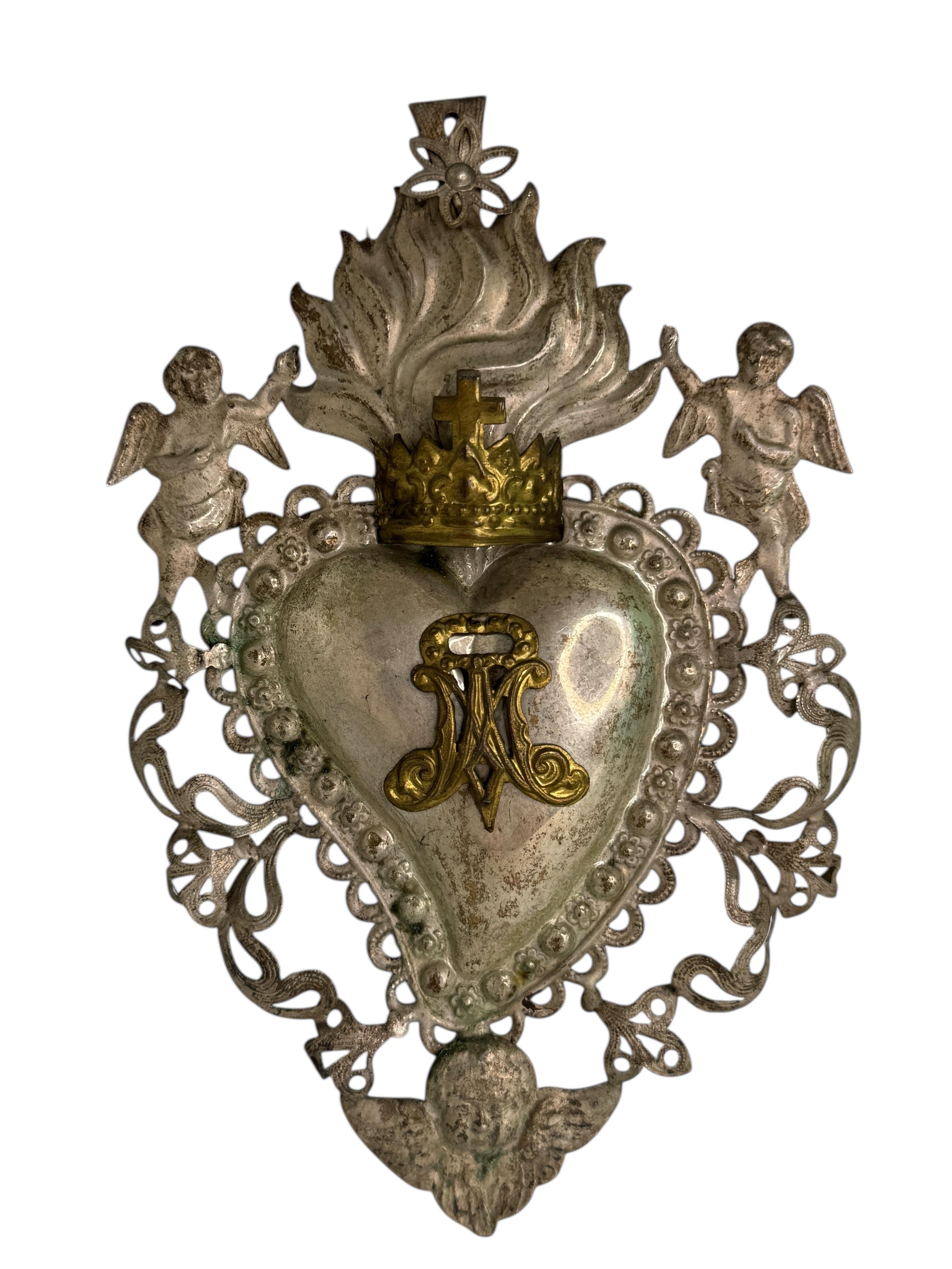 Magnifique évoto du Sacré-Cœur avec ange chérubin, européen ancien, années 1880