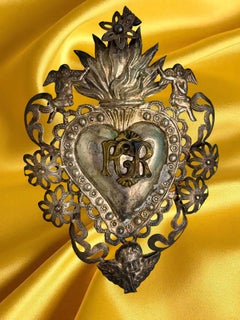Beautiful Silver Sacred Heart Ex Voto with Cherub Angel, Antique European, 1890s