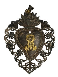 Beautiful Silver Sacred Heart Ex Voto with Cherub Angel, Antique European, 1890s