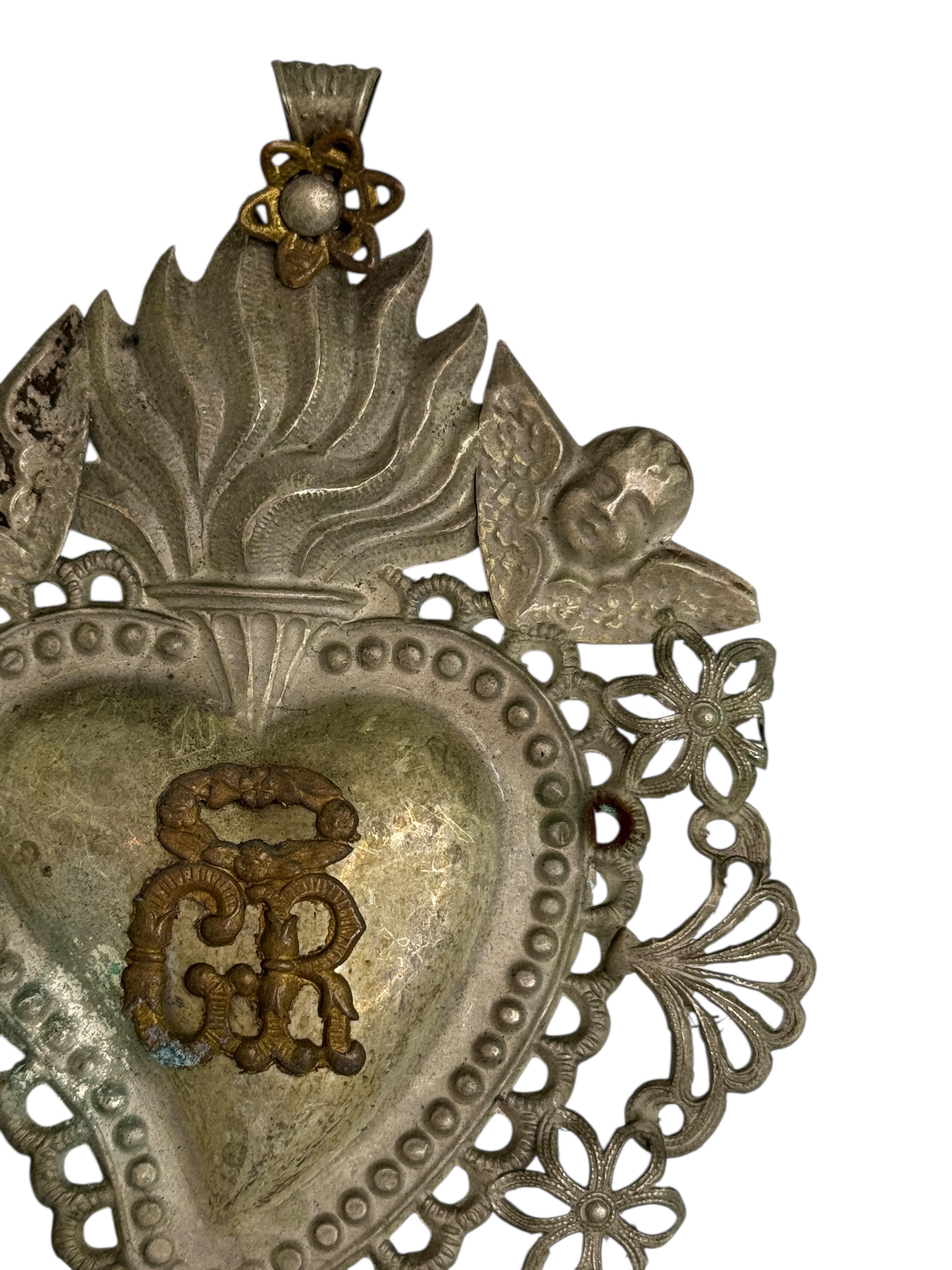 Argenté Magnifique évoto du Sacré-Cœur avec ange chérubin, européen ancien, années 1890 en vente