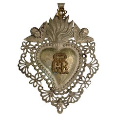 Beautiful Silver Sacred Heart Ex Voto with Cherub Angel, Antique European, 1890s