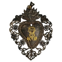Beautiful Silver Sacred Heart Ex Voto with Cherub Angel, Antique European, 1890s
