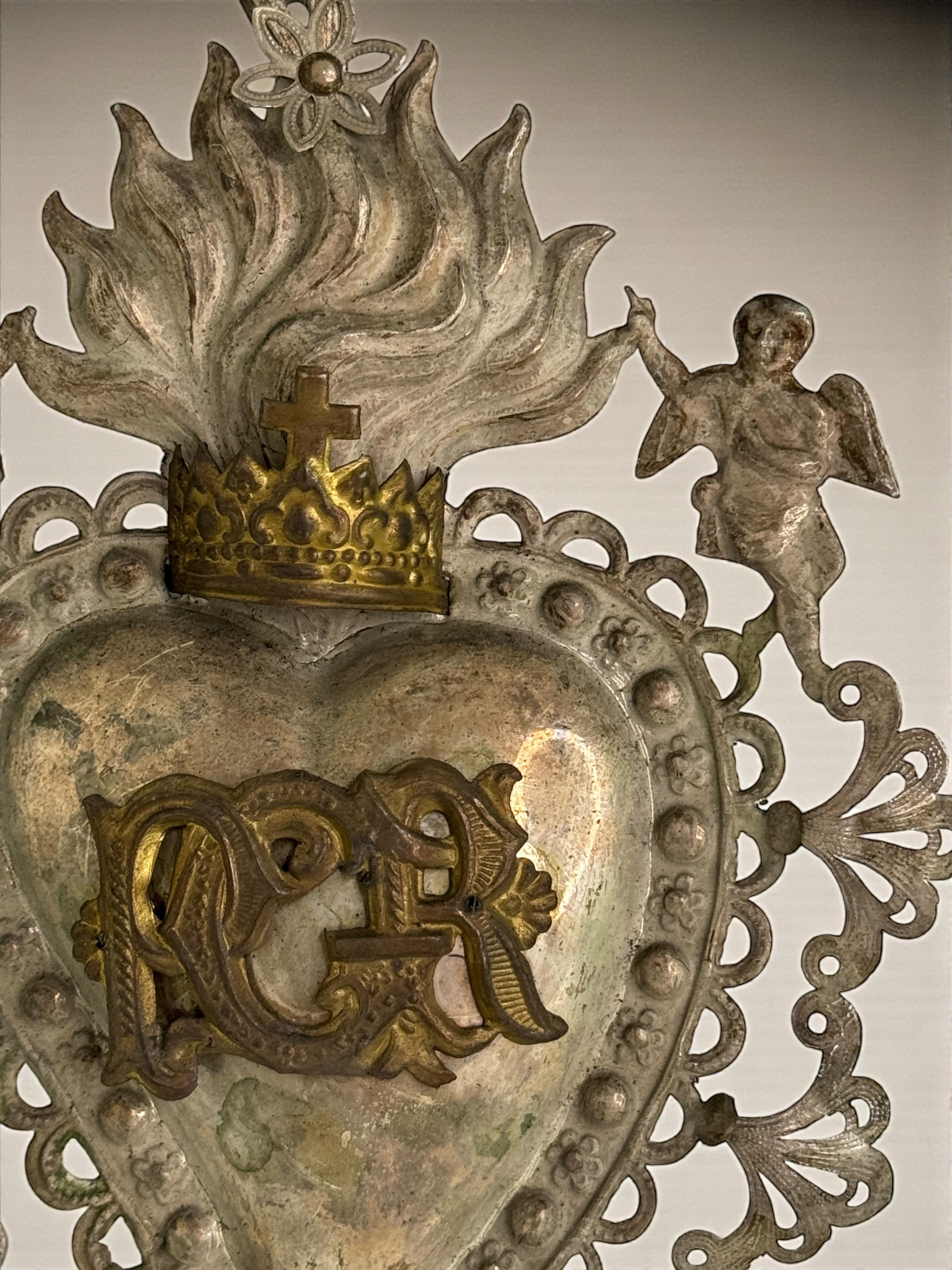 Magnifique évoto du Sacré-Cœur avec ange chérubin, européen ancien, années 1900 en vente 2