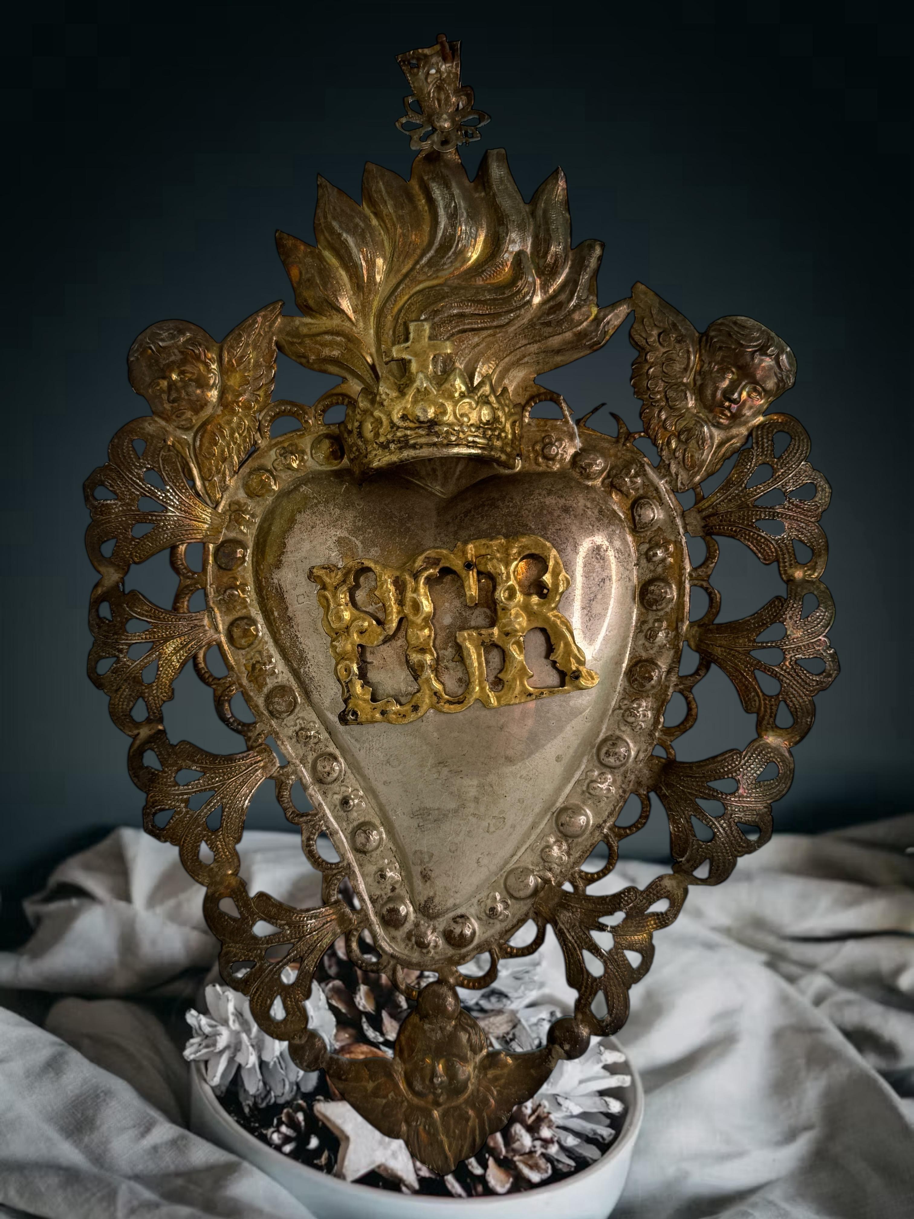 Magnifique évoto du Sacré-Cœur avec ange chérubin, européen ancien, années 1900 en vente 2