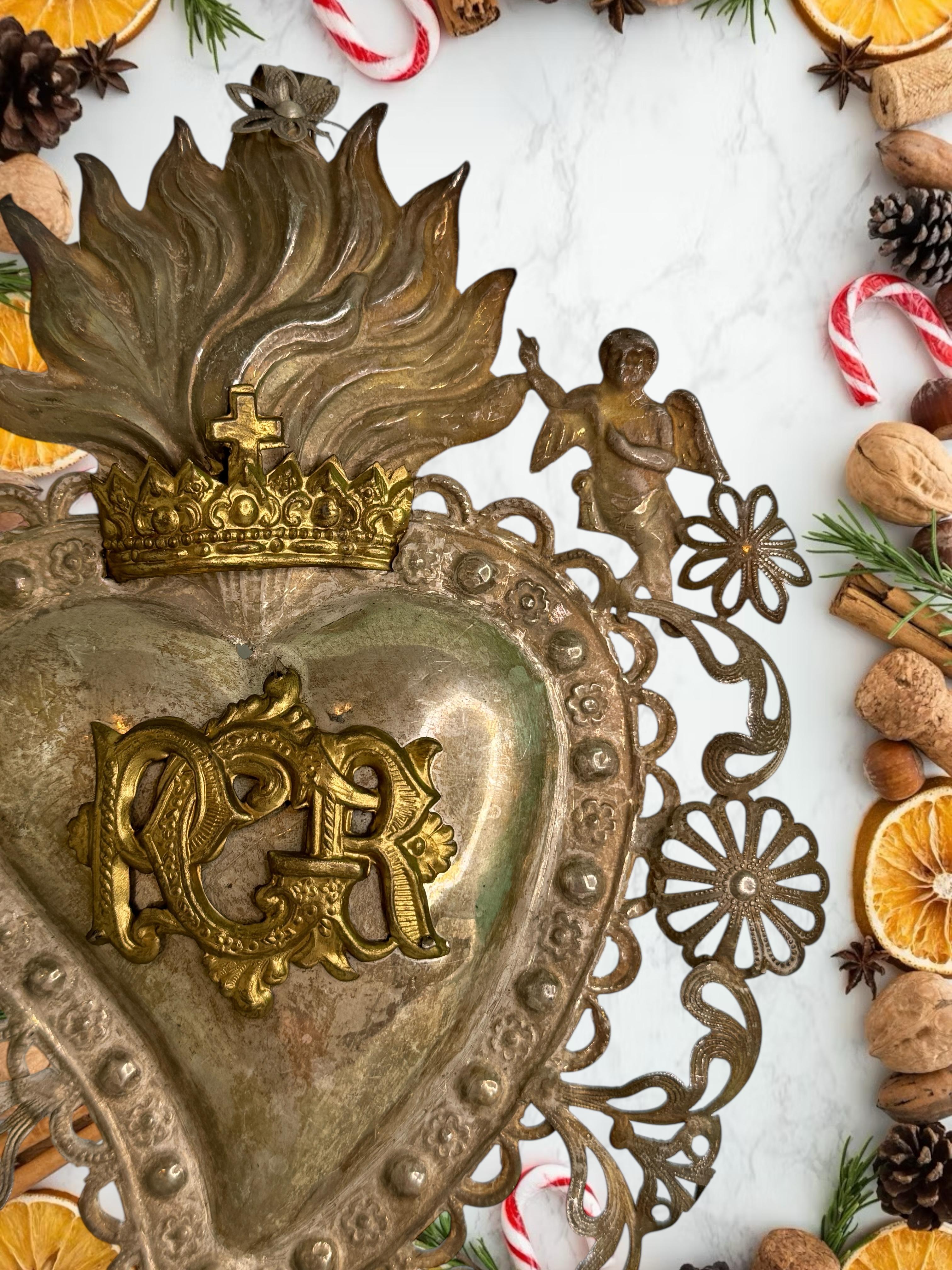 Magnifique évoto du Sacré-Cœur avec ange chérubin, européen ancien, années 1900 en vente 2