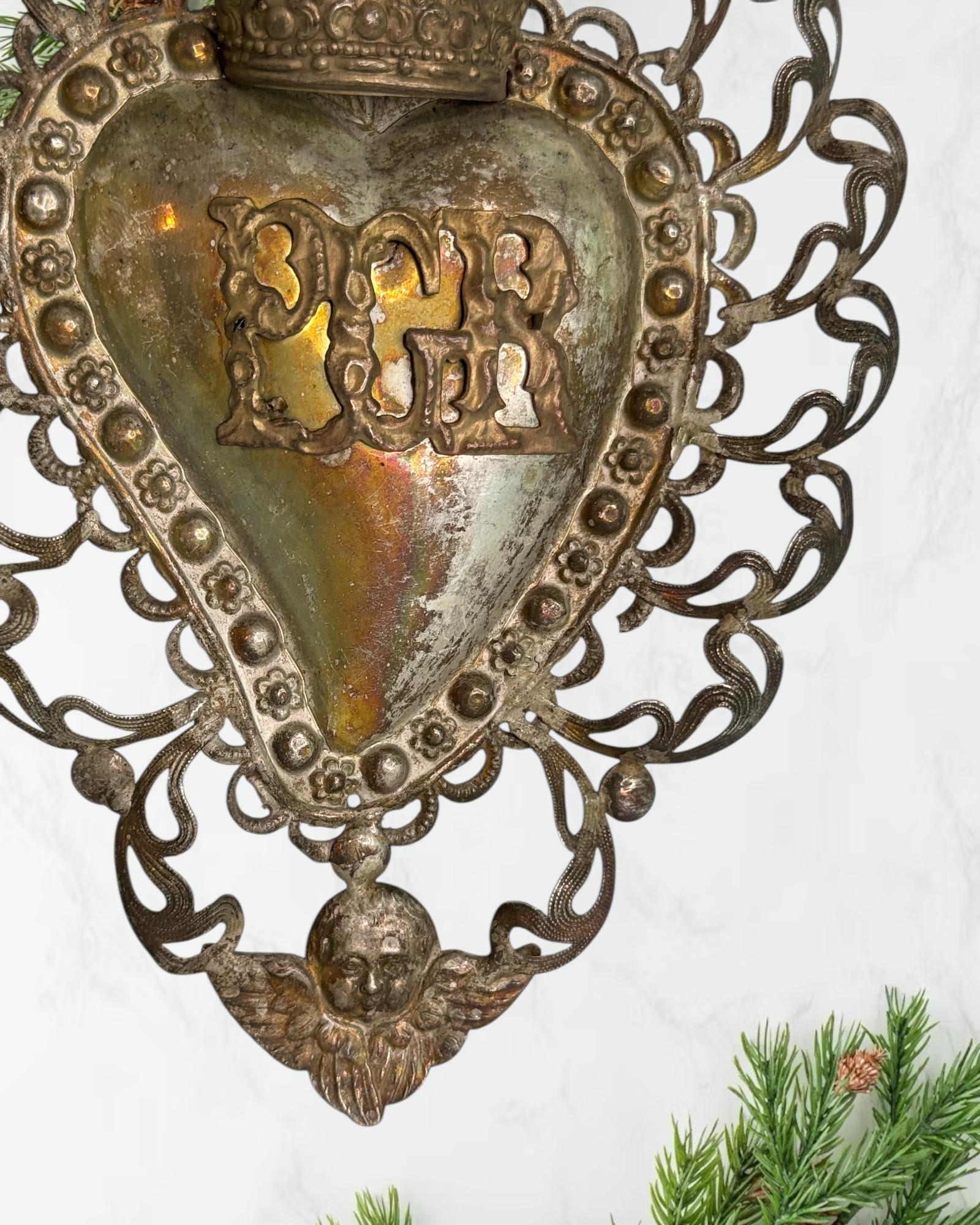 Magnifique évoto du Sacré-Cœur avec ange chérubin, européen ancien, années 1900 en vente 2