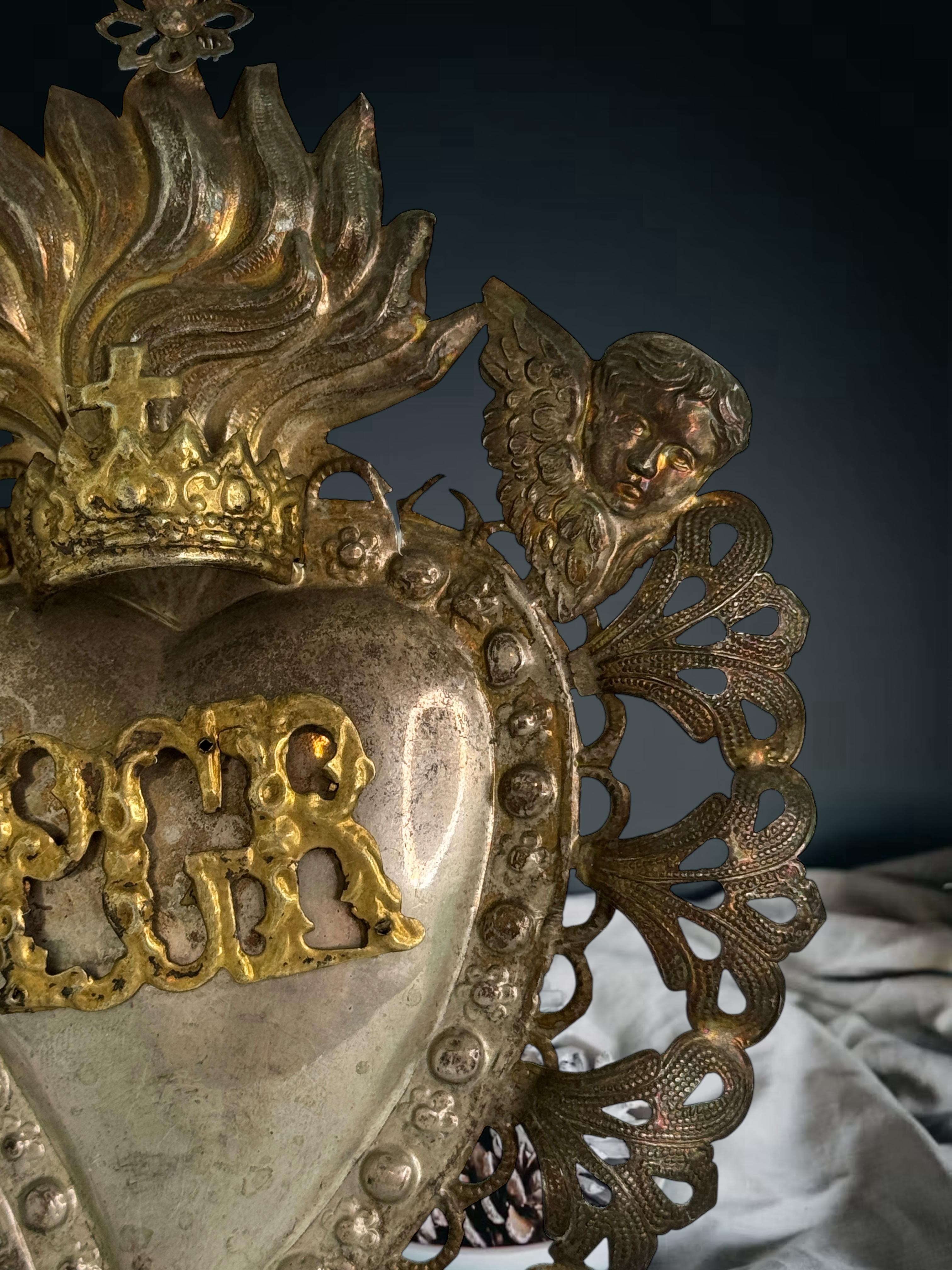 Magnifique évoto du Sacré-Cœur avec ange chérubin, européen ancien, années 1900 en vente 3