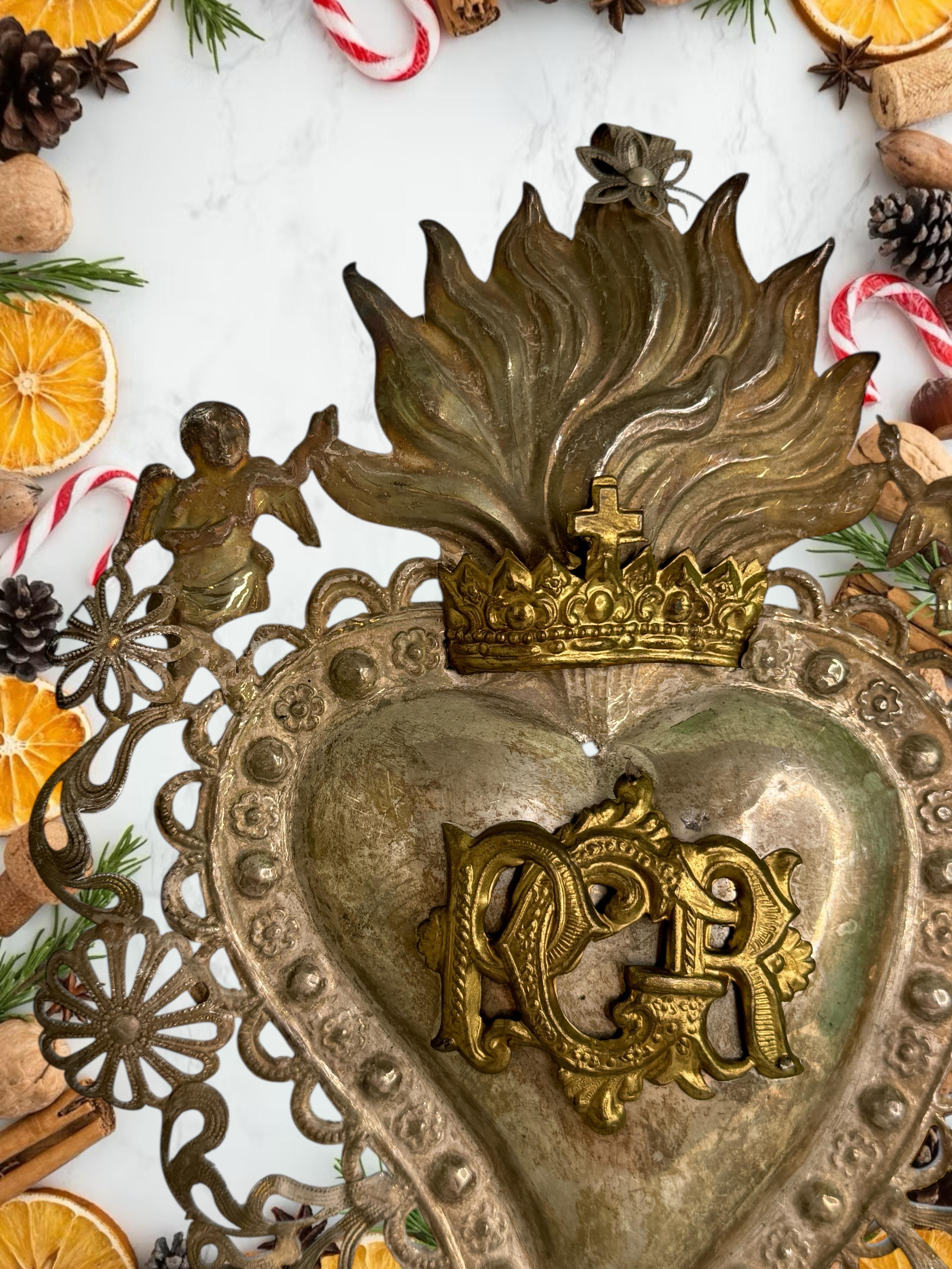 Magnifique évoto du Sacré-Cœur avec ange chérubin, européen ancien, années 1900 en vente 3