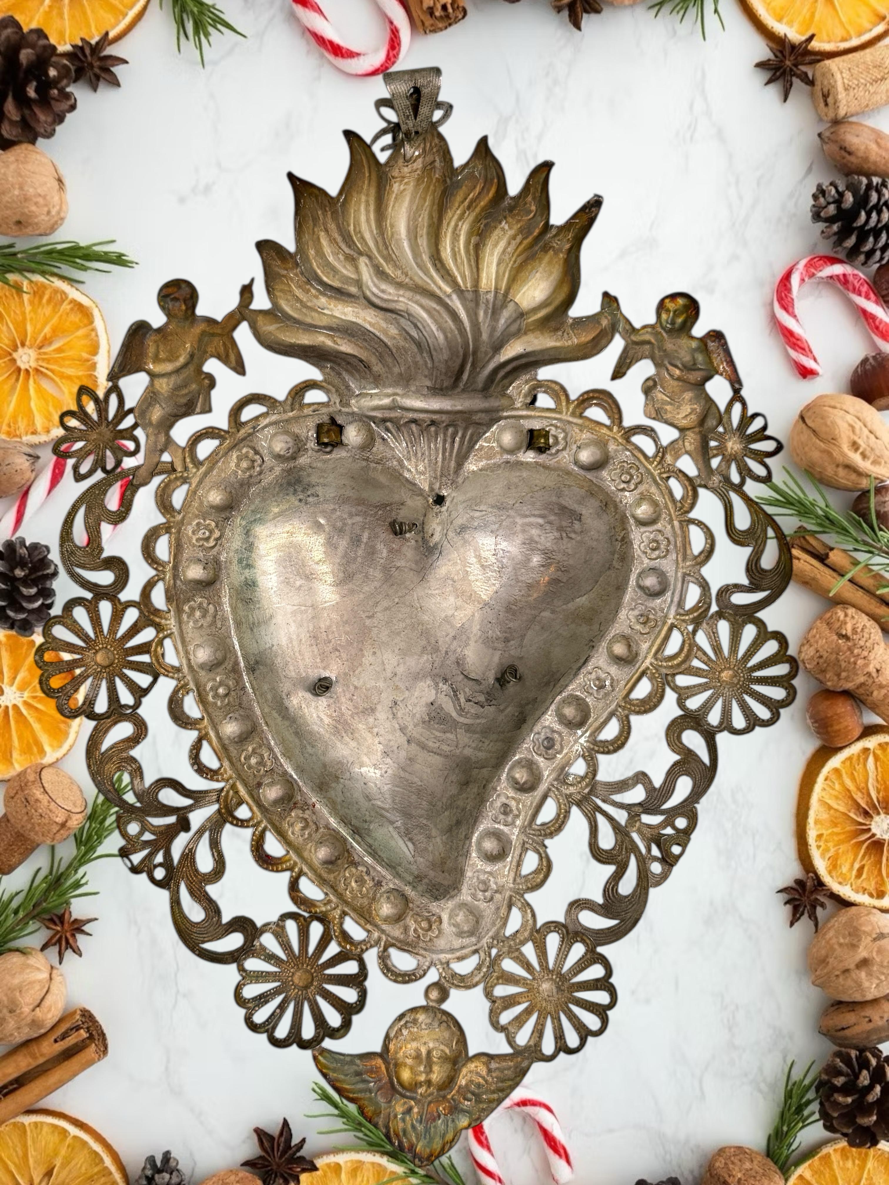 Magnifique évoto du Sacré-Cœur avec ange chérubin, européen ancien, années 1900 en vente 4