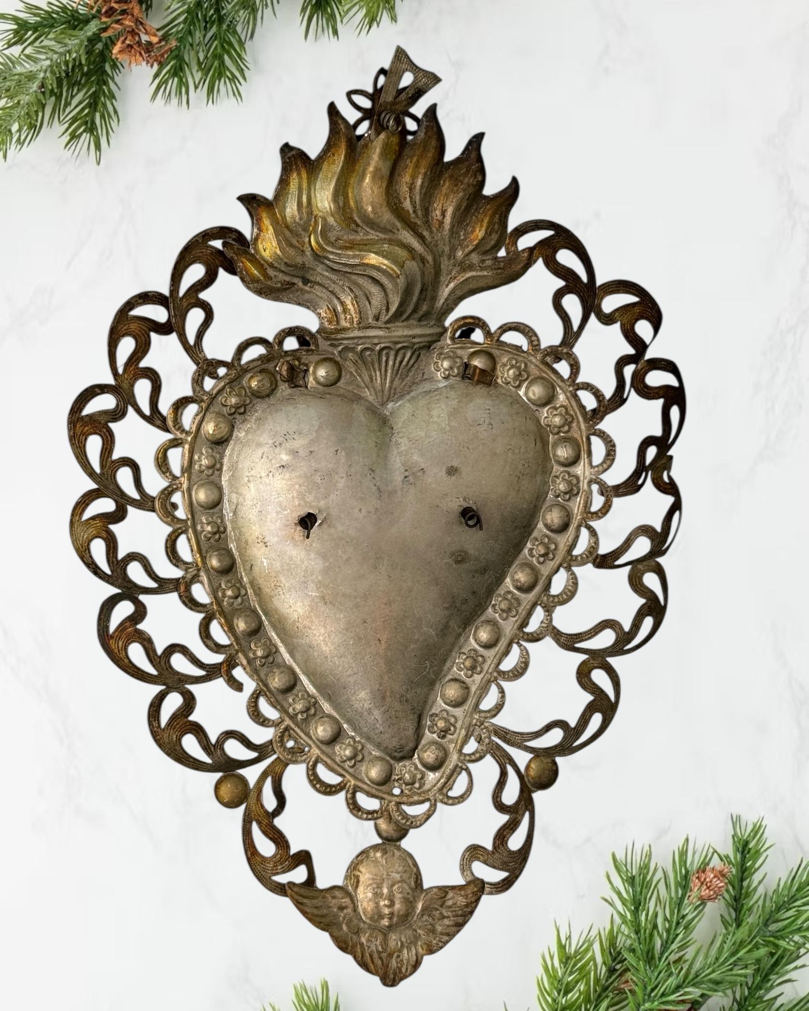 Magnifique évoto du Sacré-Cœur avec ange chérubin, européen ancien, années 1900 en vente 5