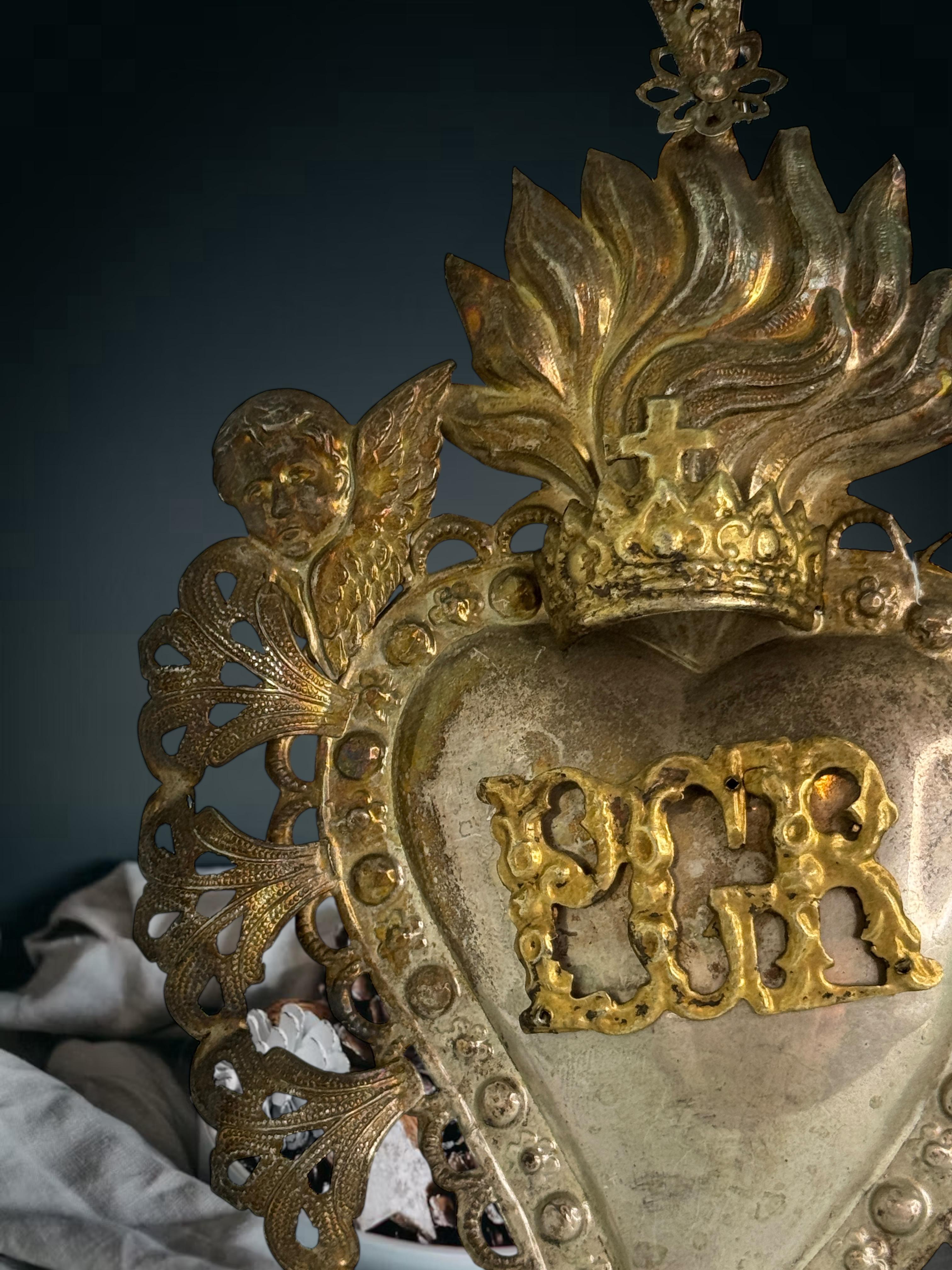 Magnifique évoto du Sacré-Cœur avec ange chérubin, européen ancien, années 1900 en vente 7