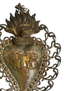 Beautiful Silver Sacred Heart Ex Voto with Cherub Angel, Antique European, 1900s