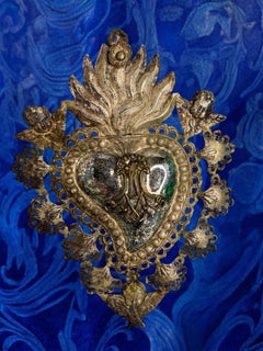 Beautiful Silver Sacred Heart Ex Voto with Cherub Angel, Antique European, 1900s