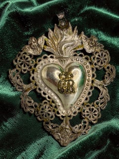 Beautiful Silver Sacred Heart Ex Voto with Cherub Angel, Antique European, 1900s