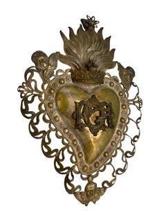 Beautiful Silver Sacred Heart Ex Voto with Cherub Angel, Antique European, 1900s