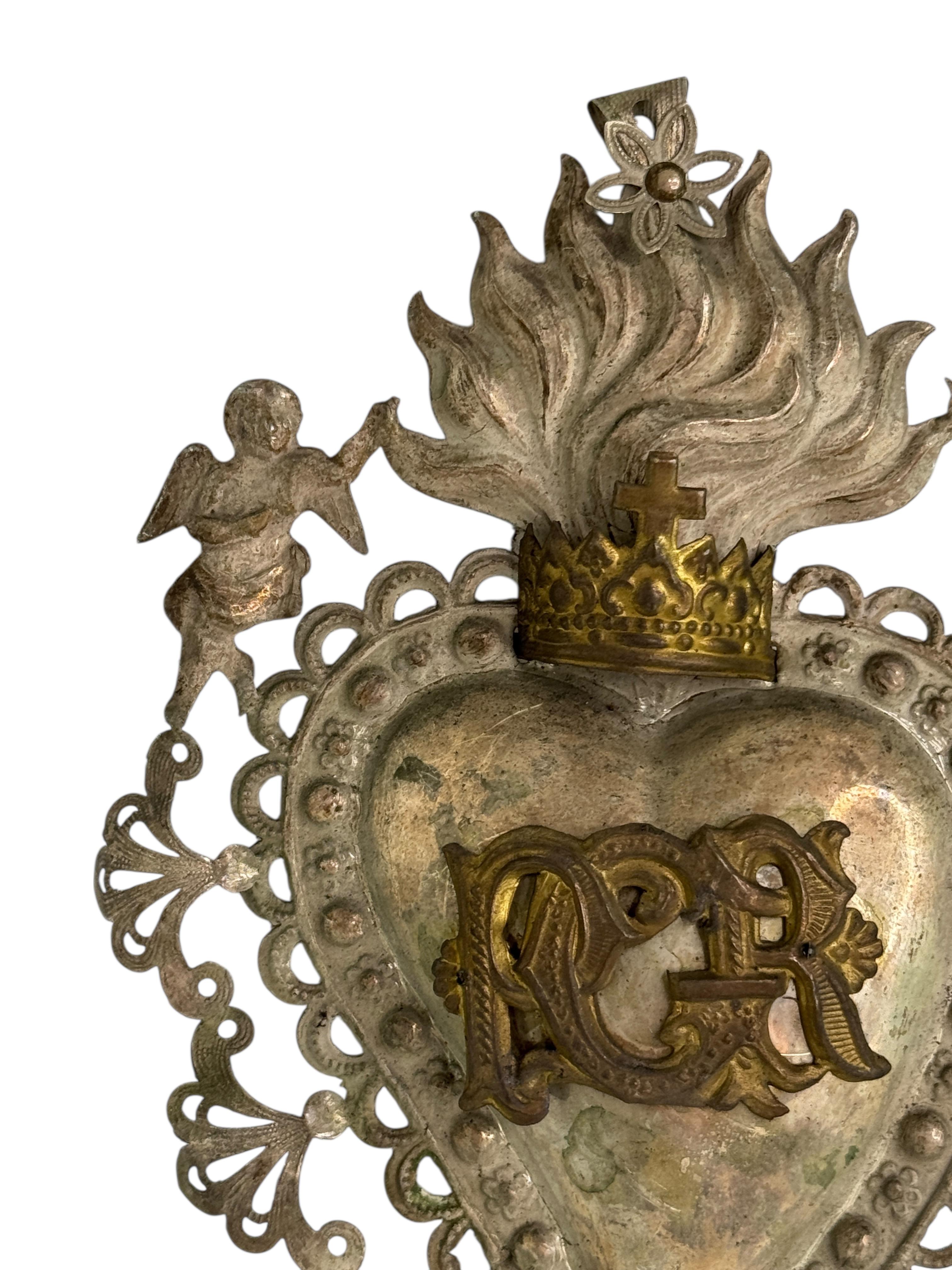 Art nouveau Magnifique évoto du Sacré-Cœur avec ange chérubin, européen ancien, années 1900 en vente