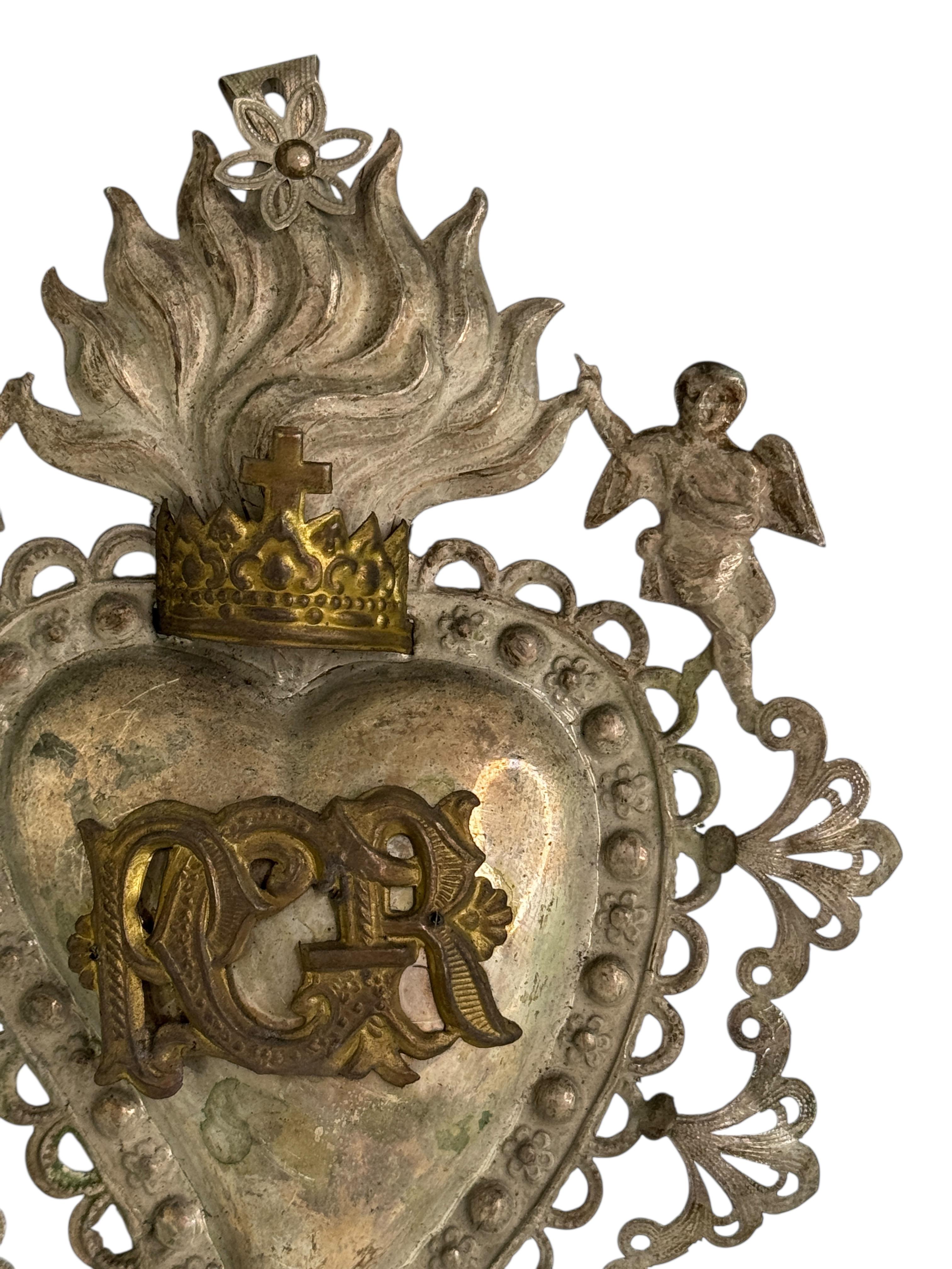 italien Magnifique évoto du Sacré-Cœur avec ange chérubin, européen ancien, années 1900 en vente