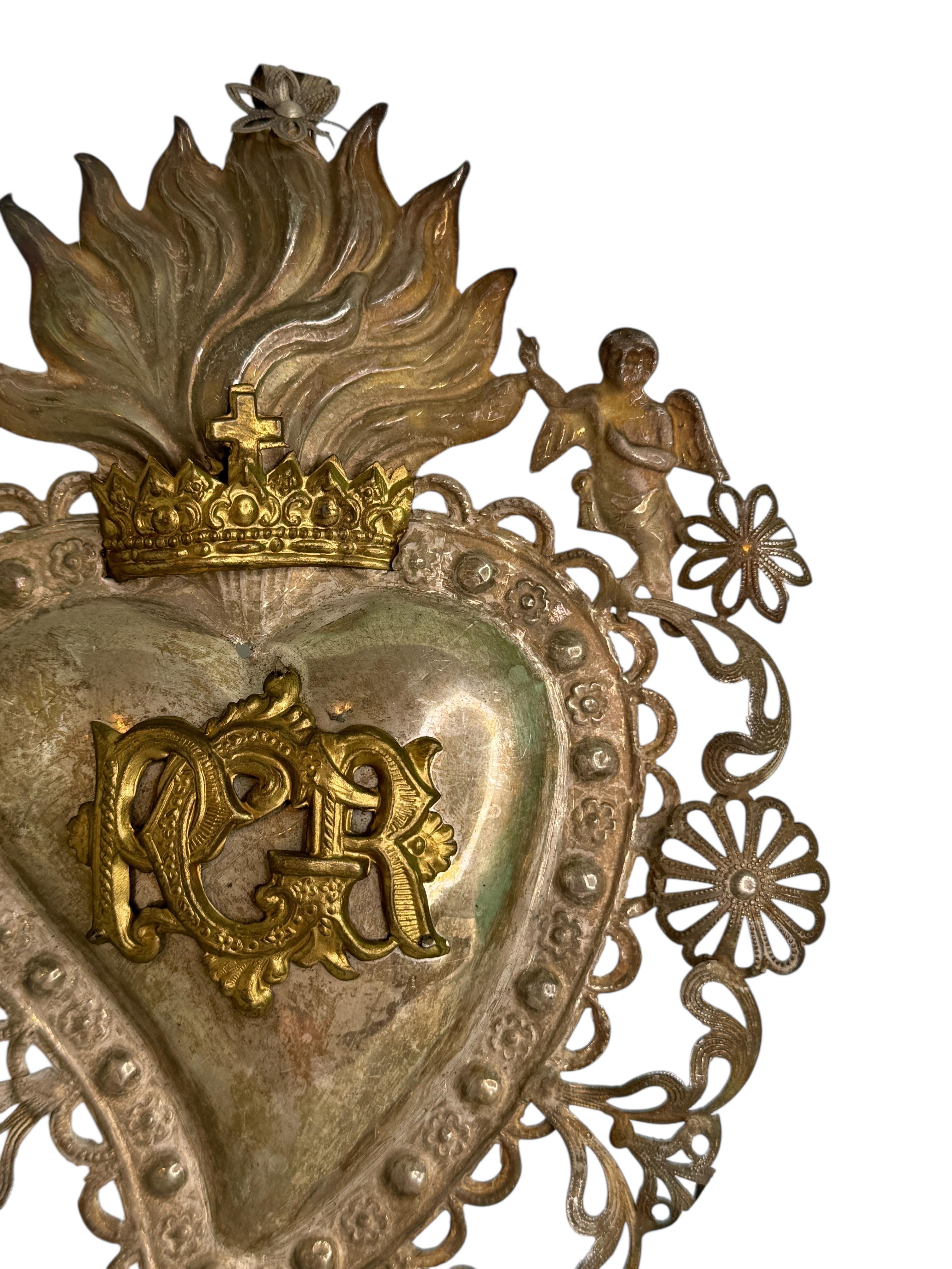 italien Magnifique évoto du Sacré-Cœur avec ange chérubin, européen ancien, années 1900 en vente