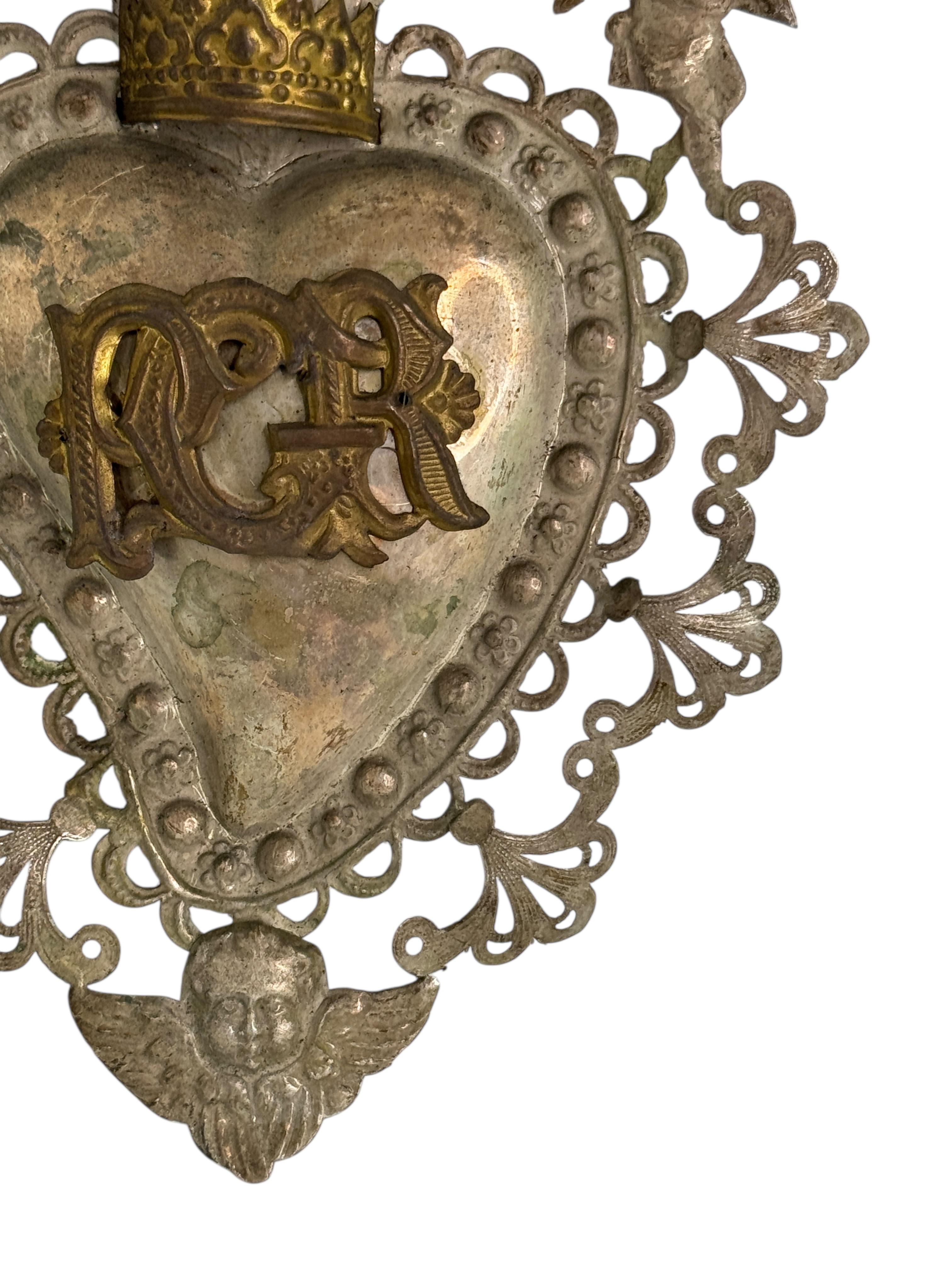 Argenté Magnifique évoto du Sacré-Cœur avec ange chérubin, européen ancien, années 1900 en vente