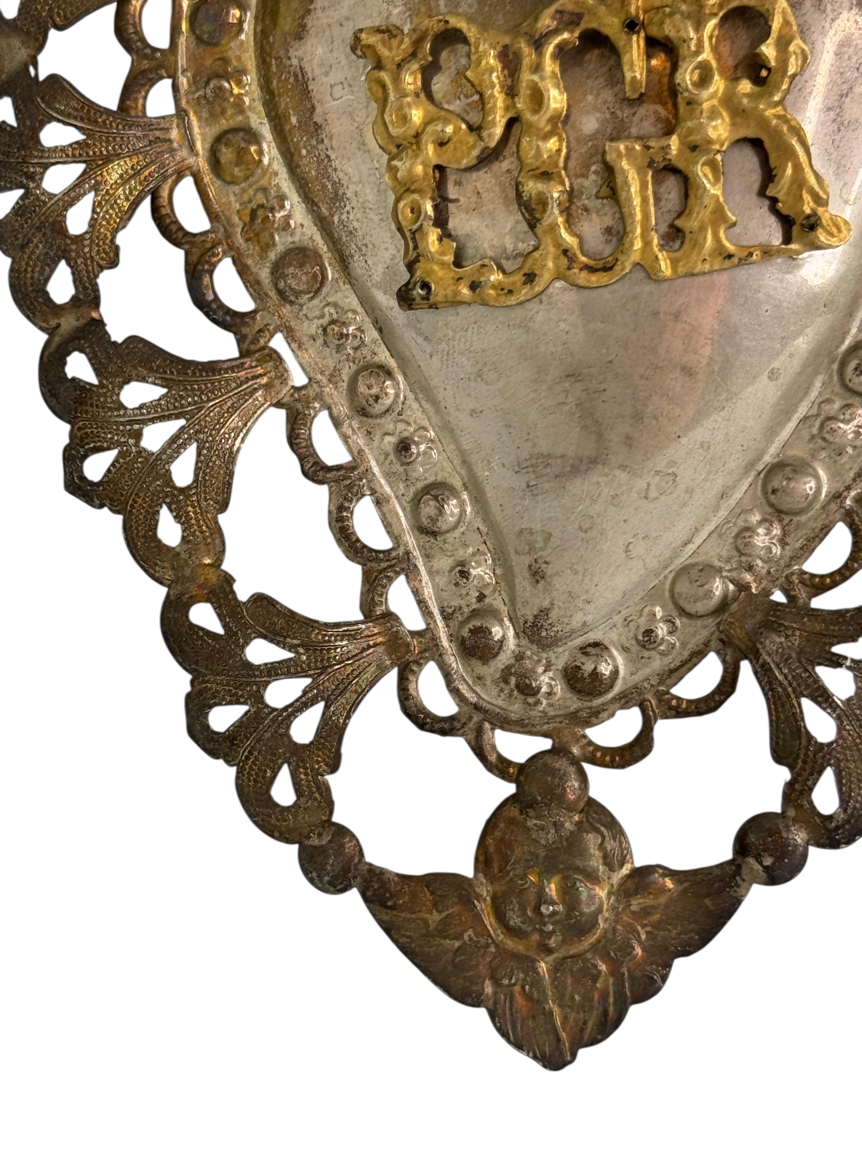 Argenté Magnifique évoto du Sacré-Cœur avec ange chérubin, européen ancien, années 1900 en vente