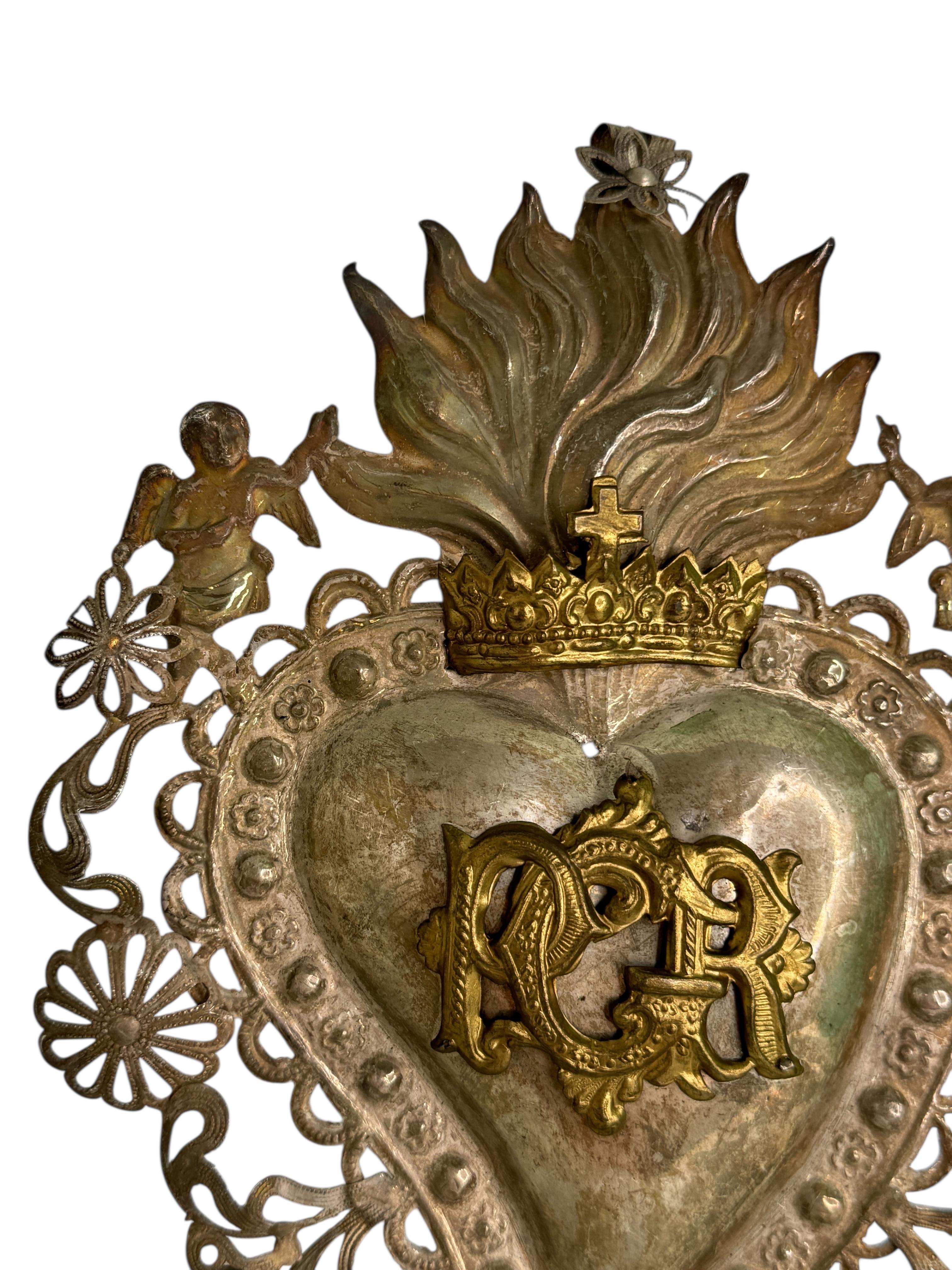 Argenté Magnifique évoto du Sacré-Cœur avec ange chérubin, européen ancien, années 1900 en vente