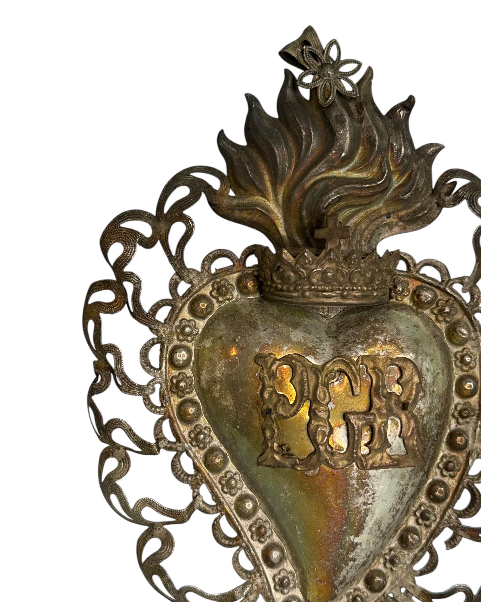 Argenté Magnifique évoto du Sacré-Cœur avec ange chérubin, européen ancien, années 1900 en vente