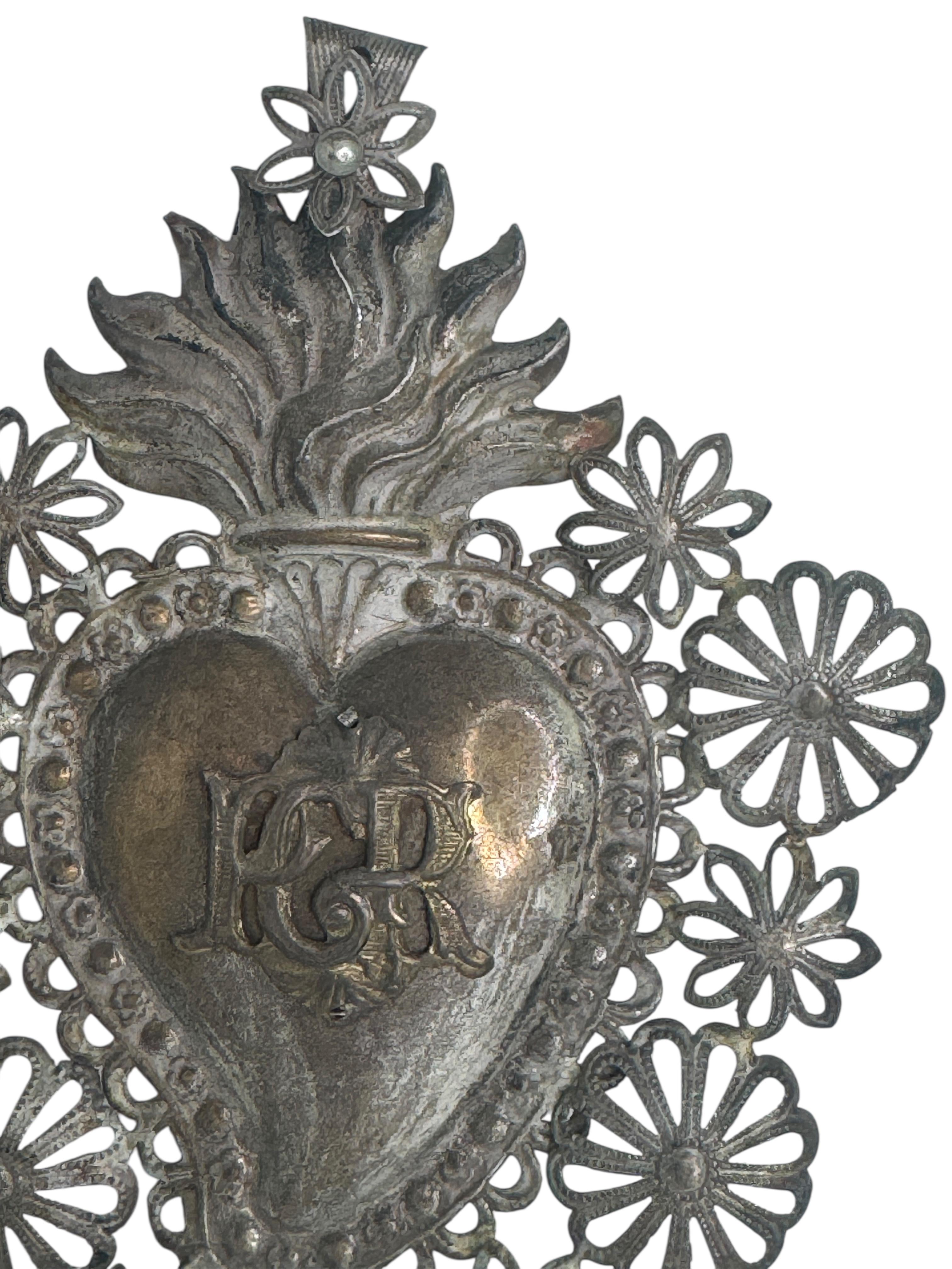 Argenté Magnifique évoto du Sacré-Cœur avec ange chérubin, européen ancien, années 1900 en vente