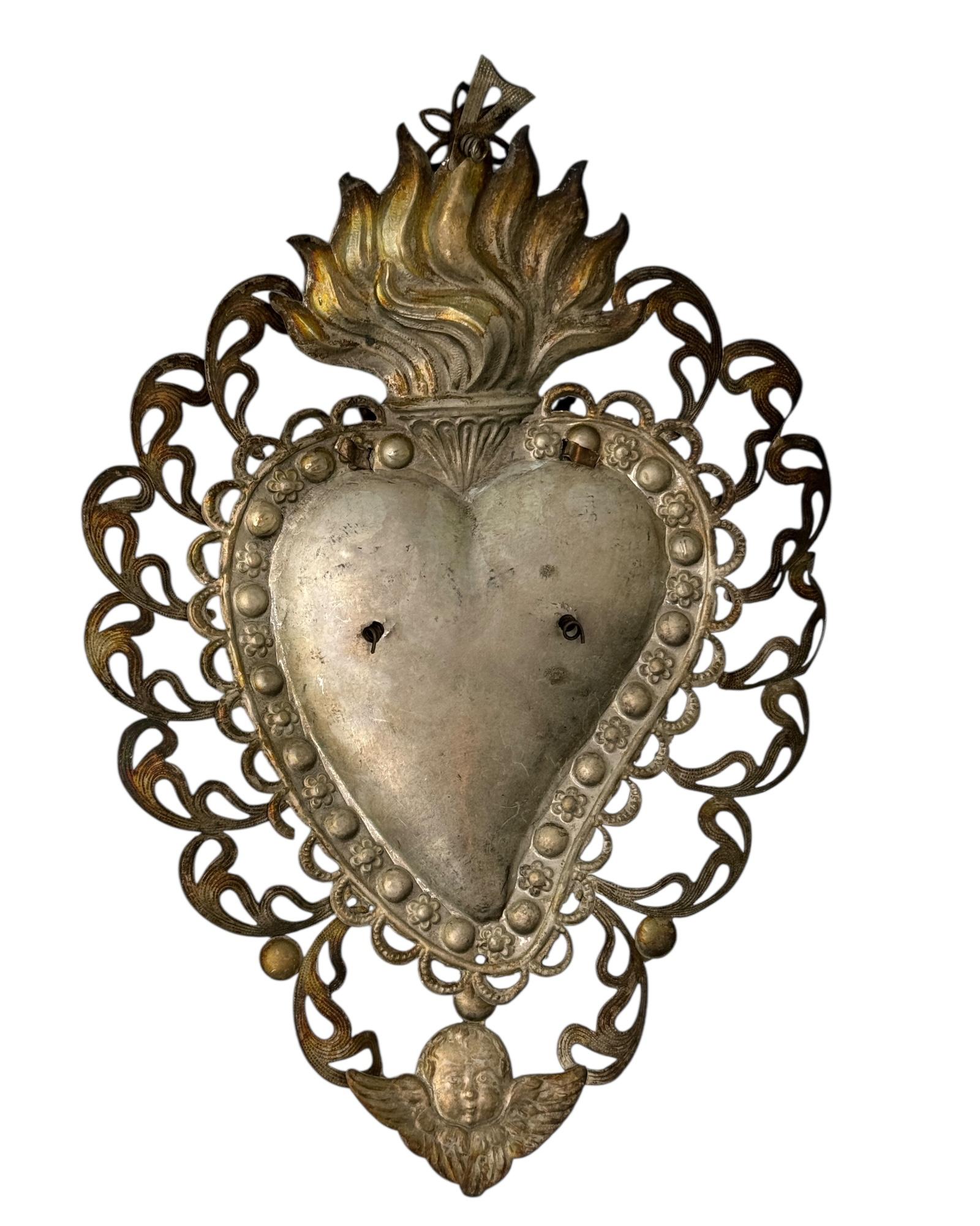 Magnifique évoto du Sacré-Cœur avec ange chérubin, européen ancien, années 1900 Bon état - En vente à Nuernberg, DE