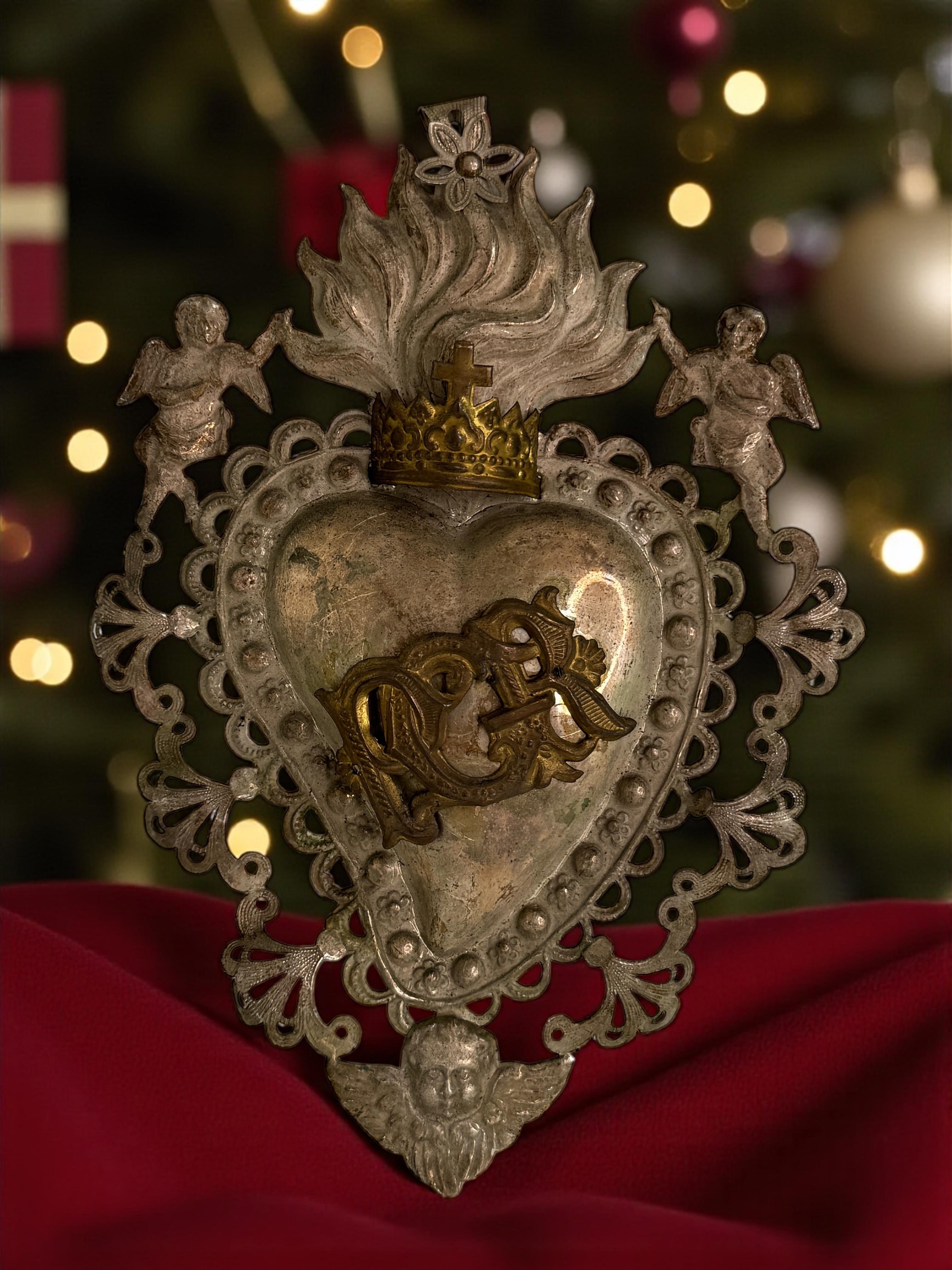 20ième siècle Magnifique évoto du Sacré-Cœur avec ange chérubin, européen ancien, années 1900 en vente