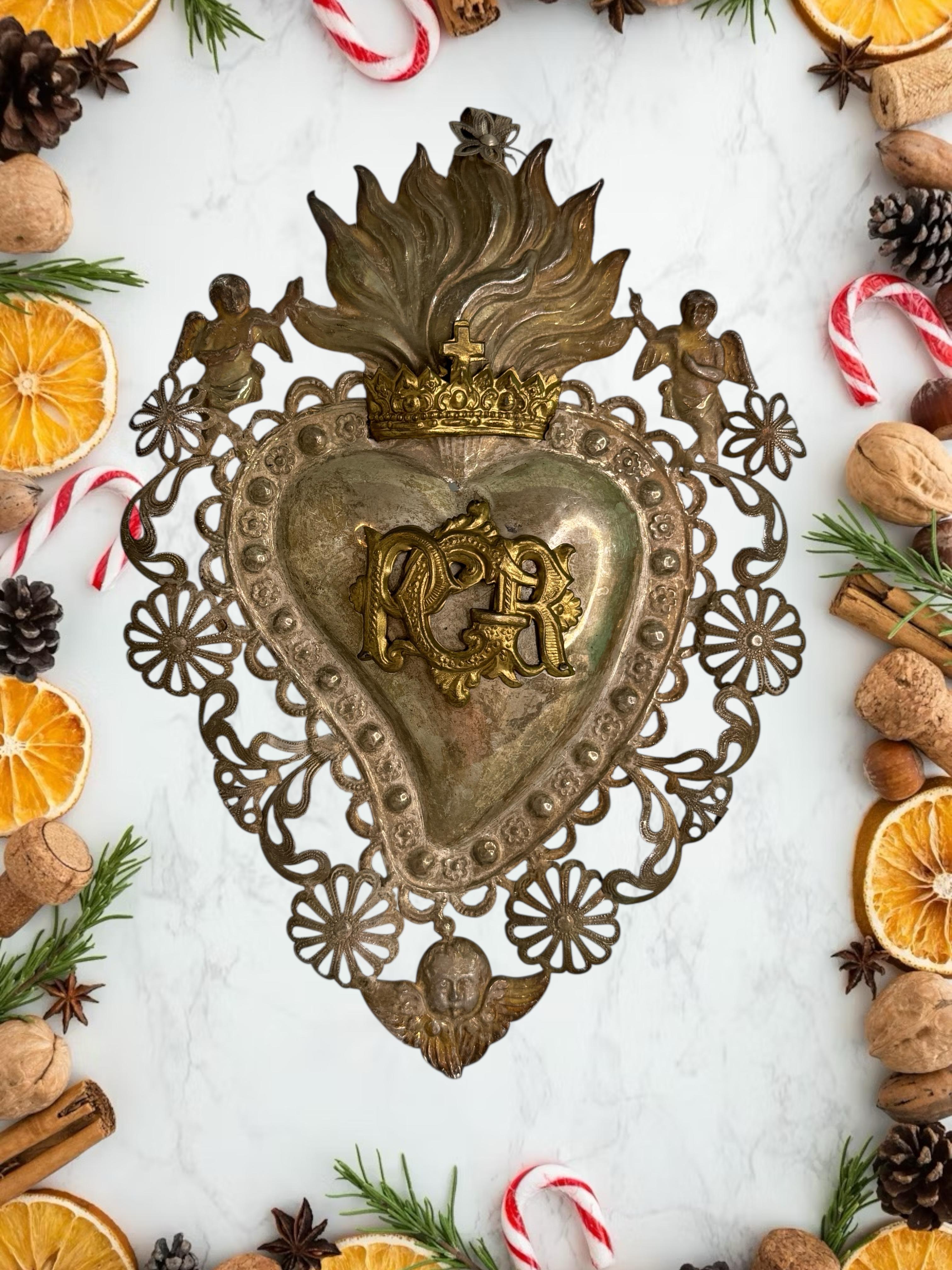 20ième siècle Magnifique évoto du Sacré-Cœur avec ange chérubin, européen ancien, années 1900 en vente