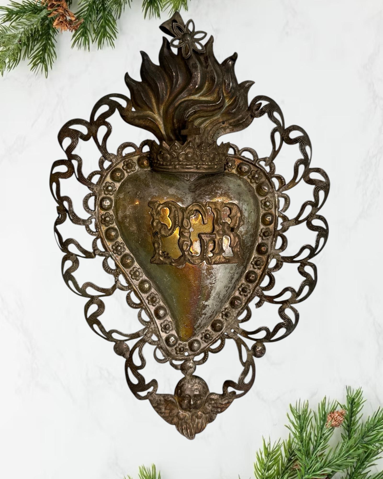 20ième siècle Magnifique évoto du Sacré-Cœur avec ange chérubin, européen ancien, années 1900 en vente