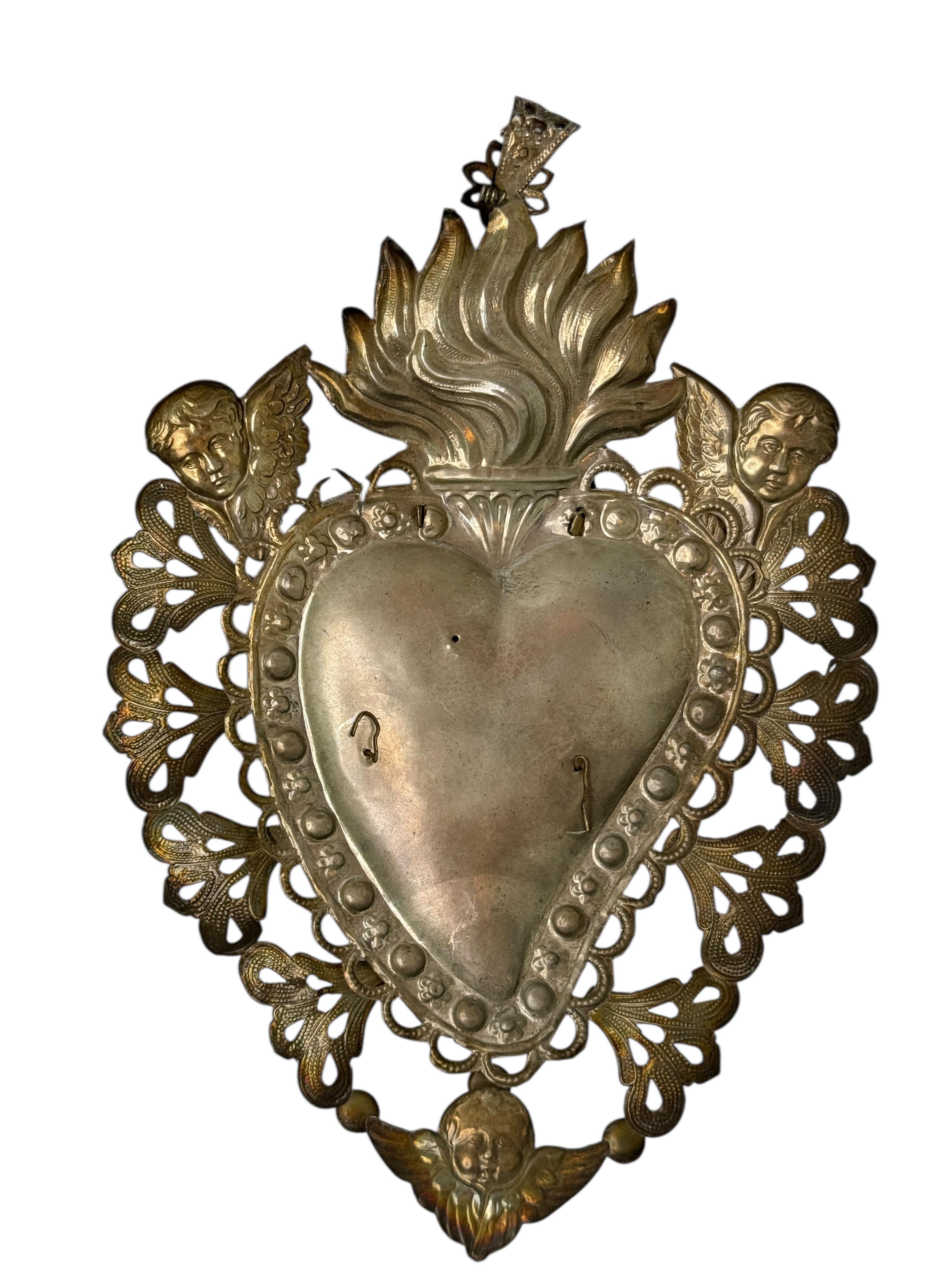 Plaqué argent Magnifique évoto du Sacré-Cœur avec ange chérubin, européen ancien, années 1900 en vente