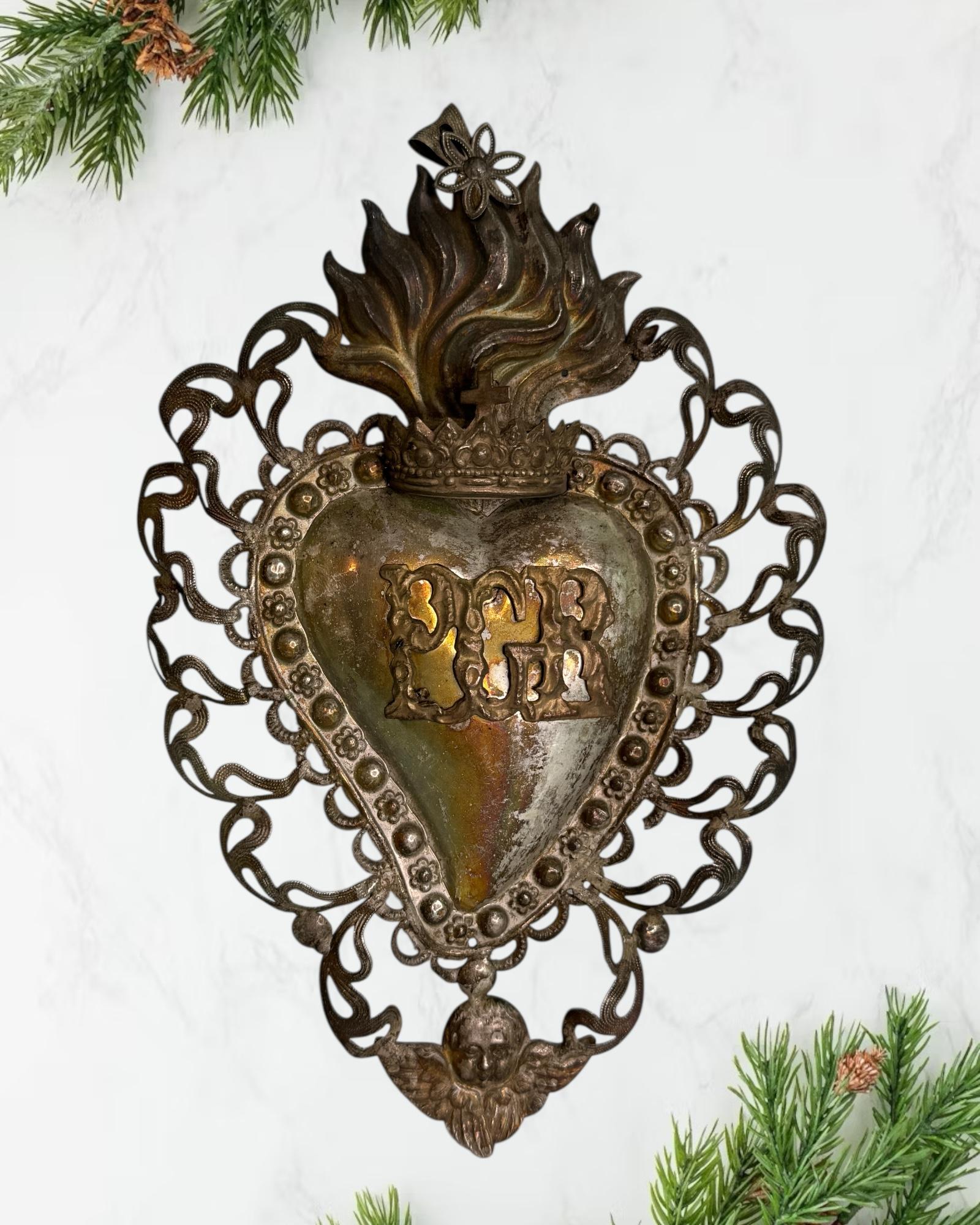 Plaqué argent Magnifique évoto du Sacré-Cœur avec ange chérubin, européen ancien, années 1900 en vente