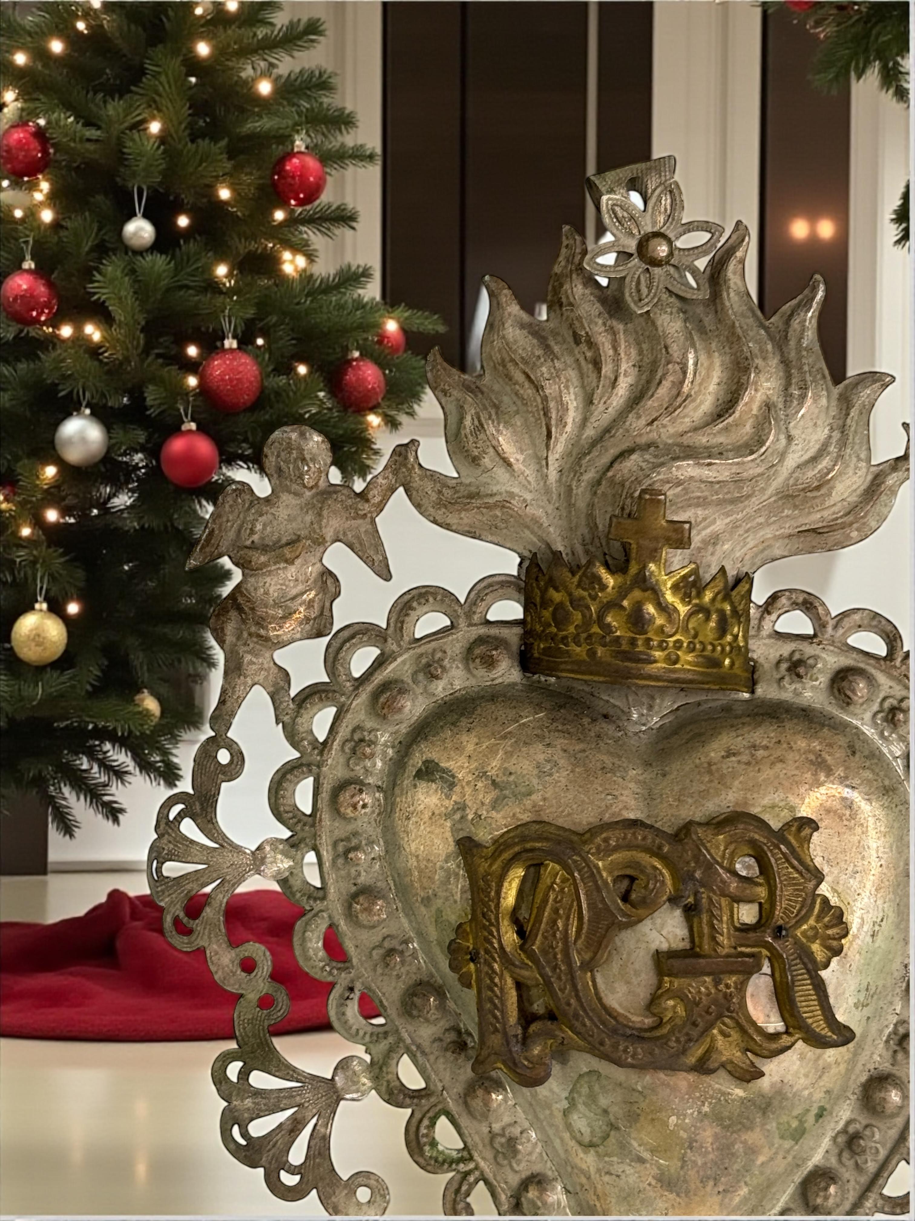 Magnifique évoto du Sacré-Cœur avec ange chérubin, européen ancien, années 1900 en vente 1