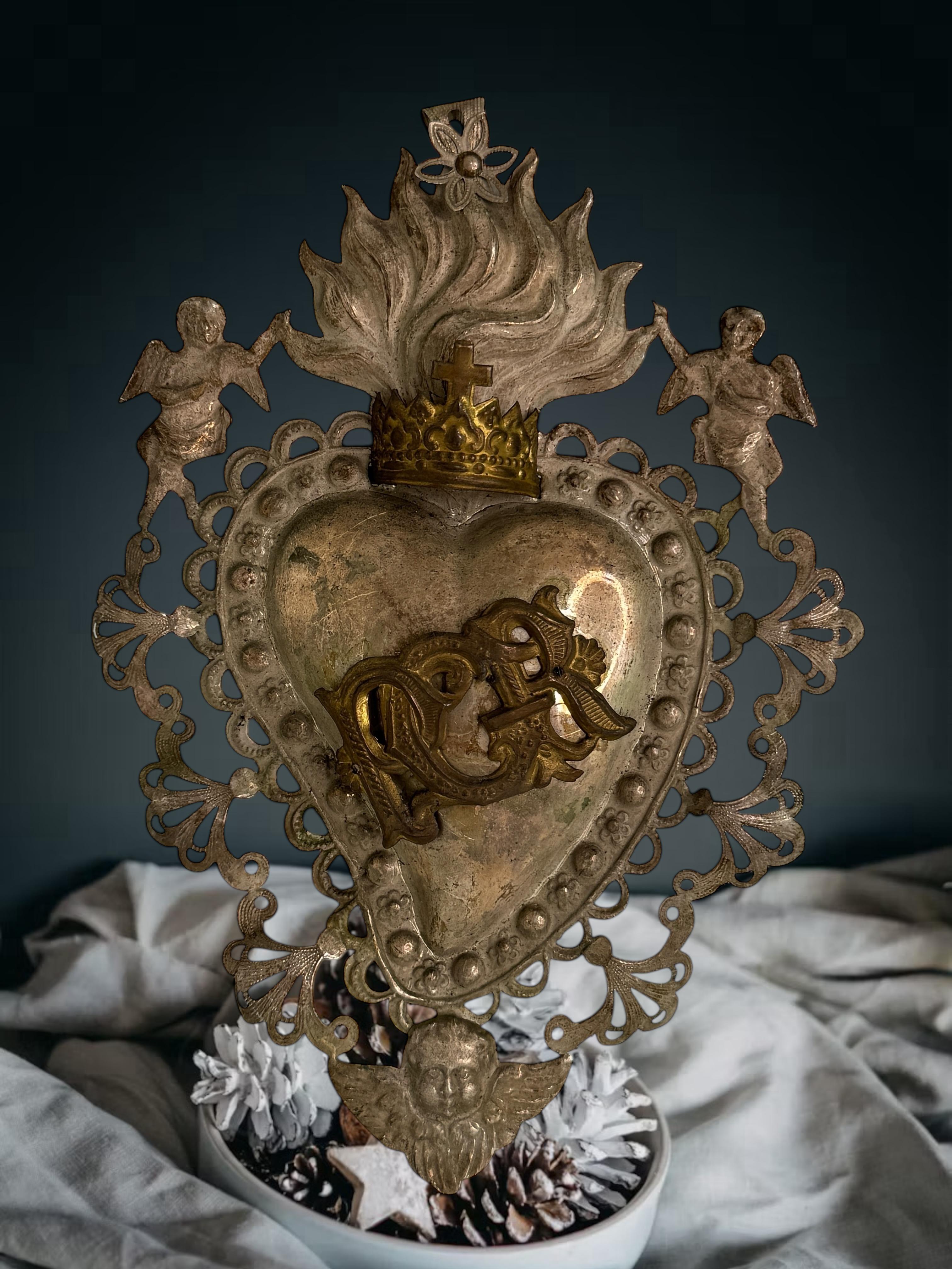 Magnifique évoto du Sacré-Cœur avec ange chérubin, européen ancien, années 1900 en vente 1