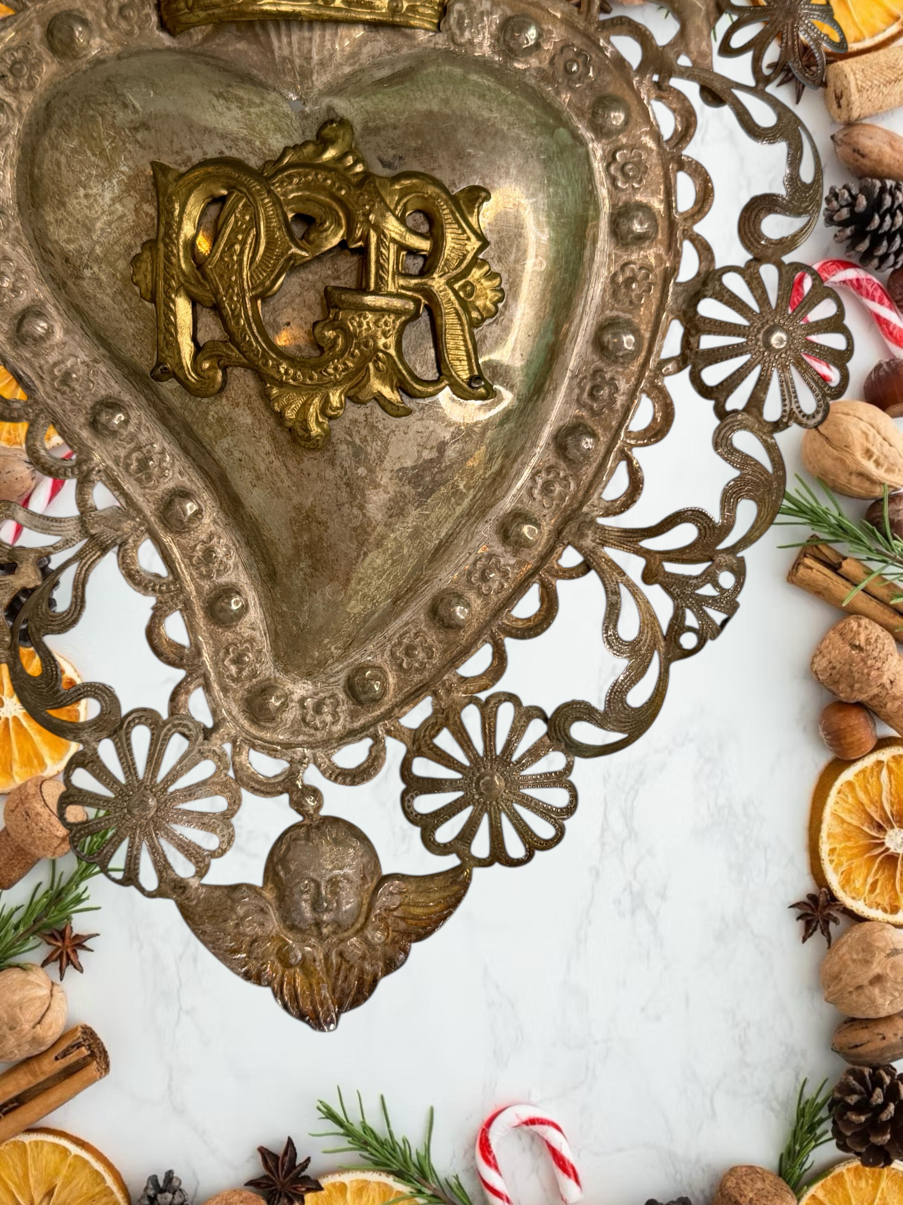 Magnifique évoto du Sacré-Cœur avec ange chérubin, européen ancien, années 1900 en vente 1