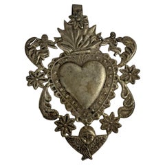 Beautiful Silver Sacred Heart Ex Voto with Cherub Angel, Antique European, 1900s