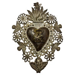 Beautiful Silver Sacred Heart Ex Voto with Cherub Angel, Antique European, 1900s