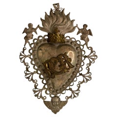 Beautiful Silver Sacred Heart Ex Voto with Cherub Angel, Antique European, 1900s