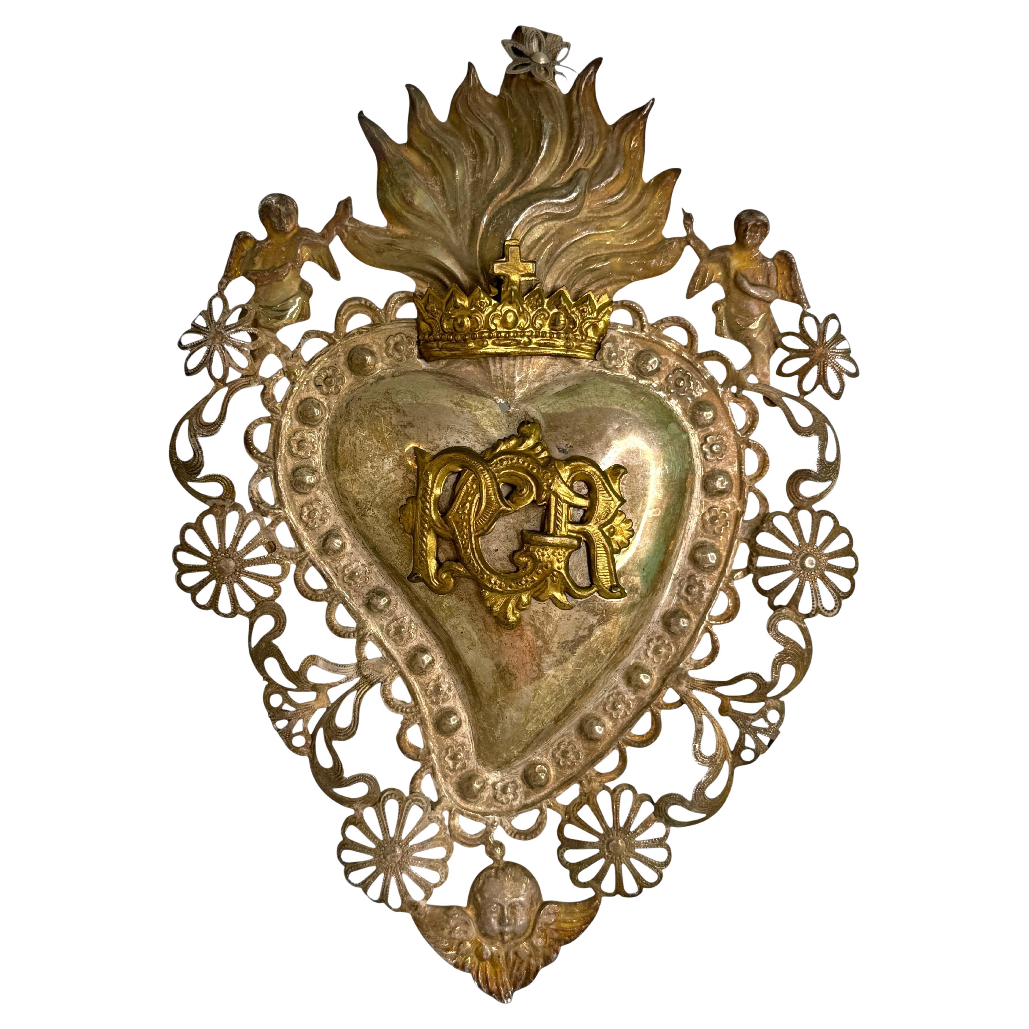 Magnifique évoto du Sacré-Cœur avec ange chérubin, européen ancien, années 1900