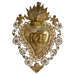 Beautiful Silver Sacred Heart Ex Voto with Cherub Angel, Antique European, 1900s