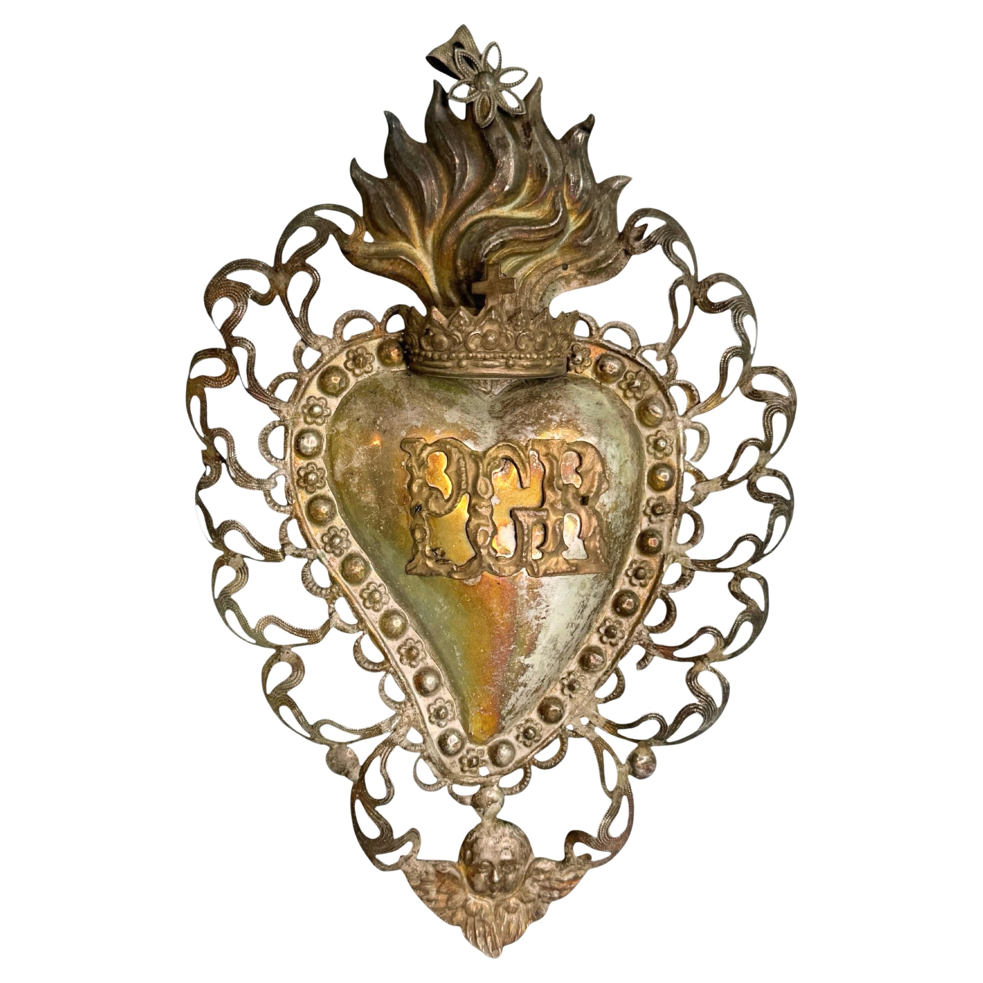 Magnifique évoto du Sacré-Cœur avec ange chérubin, européen ancien, années 1900