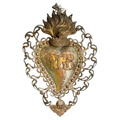 Beautiful Silver Sacred Heart Ex Voto with Cherub Angel, Antique European, 1900s