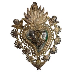 Beautiful Silver Sacred Heart Ex Voto with Cherub Angel, Antique European, 1900s