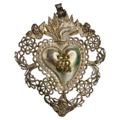Beautiful Silver Sacred Heart Ex Voto with Cherub Angel, Antique European, 1900s