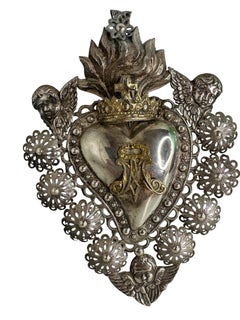 Early 20th Century Silver Sacred Heart Ex Voto with Cherub Angel, Antique Italy