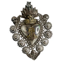 Early 20th Century Silver Sacred Heart Ex Voto with Cherub Angel, Antique Italy