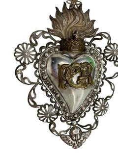 Beautiful Silver Sacred Heart Ex Voto with Cherub Angel, Antique European Italy