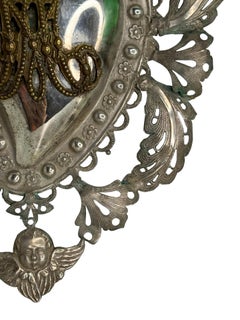 Beautiful Silver Sacred Heart Ex Voto with Cherub Angel, Antique European Italy